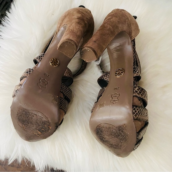 Tory Burch Python Leather and Suede Platform Heel Sandals - Picture 11 of 15